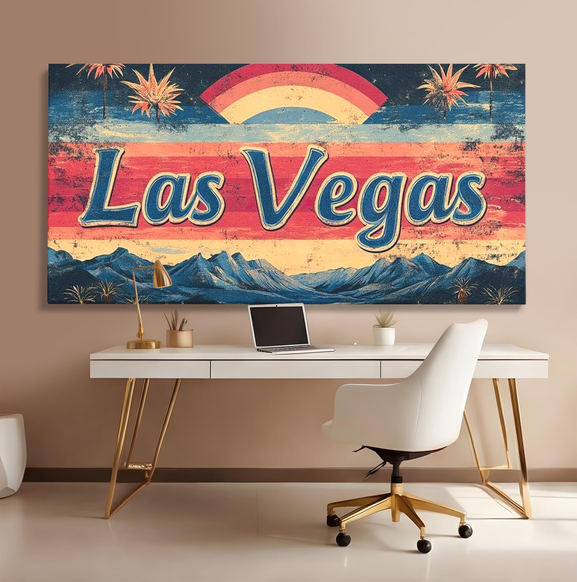 Tablou canvas cu ilustratie retro las vegas cu curcubeu si munti, fara rama, pe sasiu de lemn, pe perete intr-un birou
